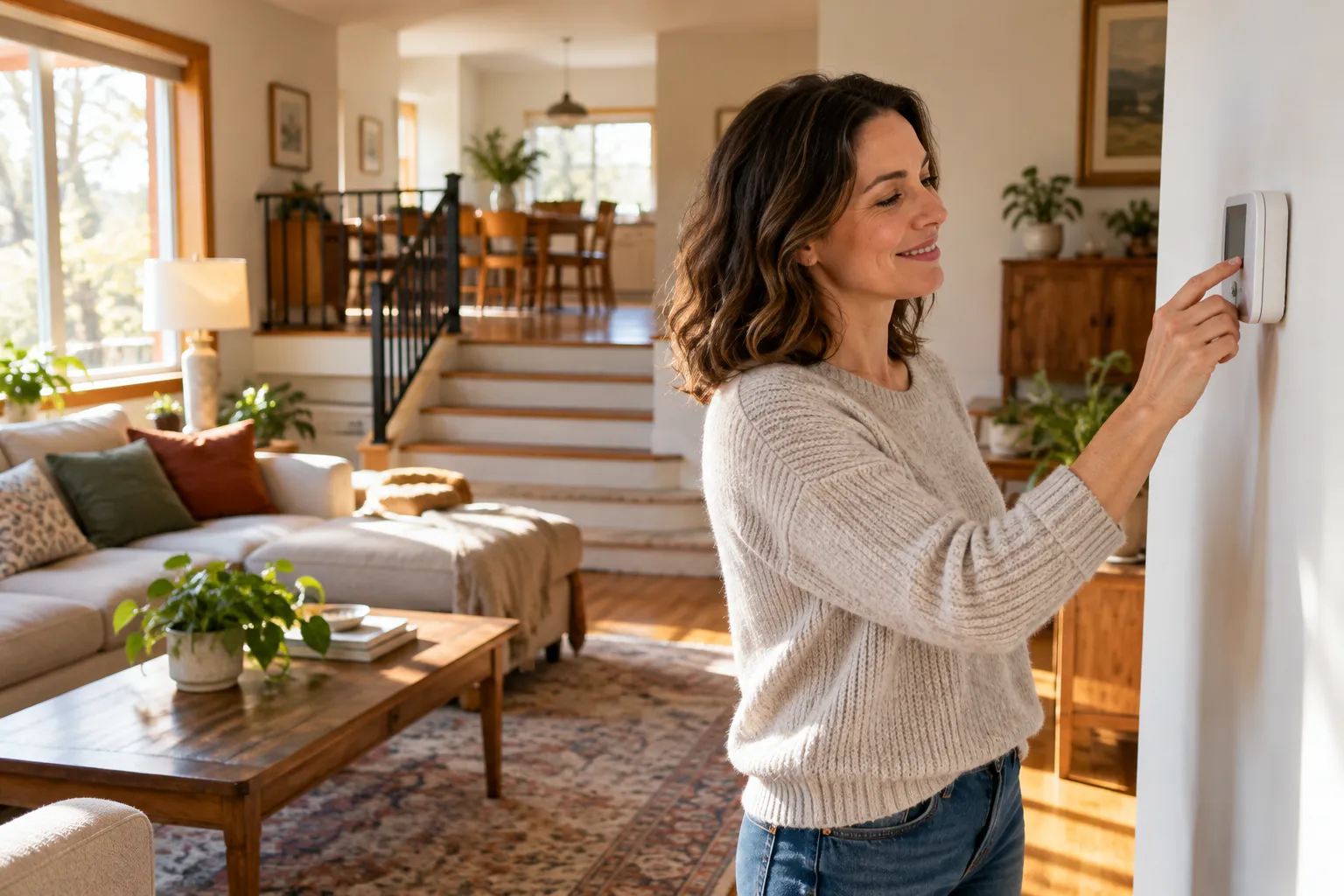 A homeowner checking a thermostat in a comfortable living room