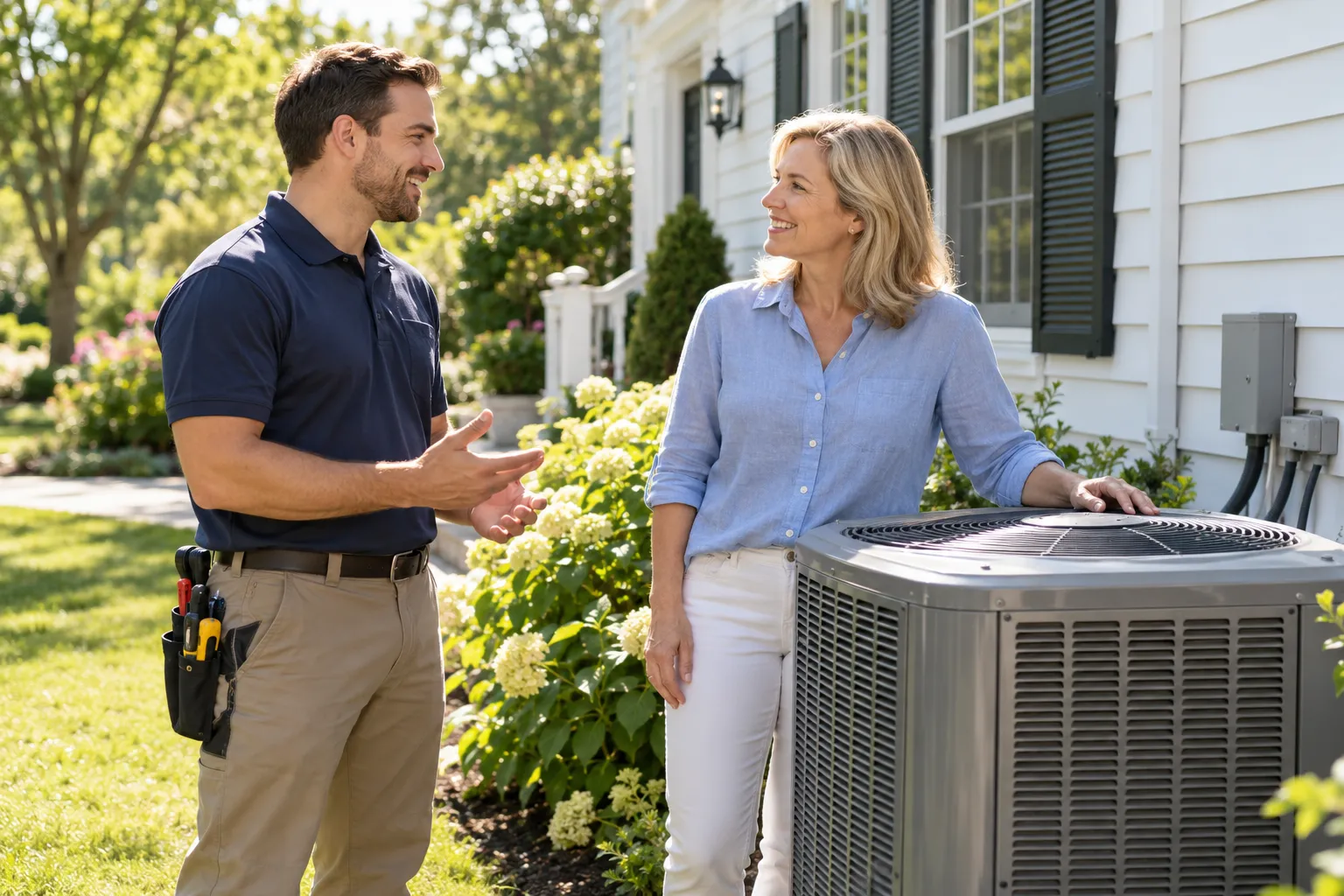 A friendly HVAC provider speaking with a homeowner beside an outdoor air conditioner in Aberdeen